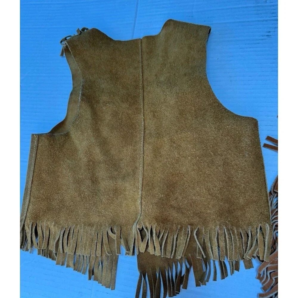 Vintage 70s Kids Leather Suede Chaps & Vest Cowboy Western Costume Rodeo Fringe